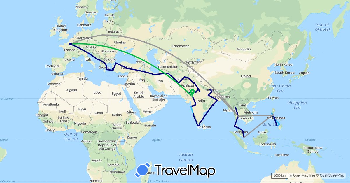 TravelMap itinerary: driving, bus, plane, boat in Afghanistan, France, Greece, Croatia, India, Iran, Italy, Montenegro, Malaysia, Nepal, Philippines, Pakistan, Poland, Singapore, Thailand, Turkey (Asia, Europe)